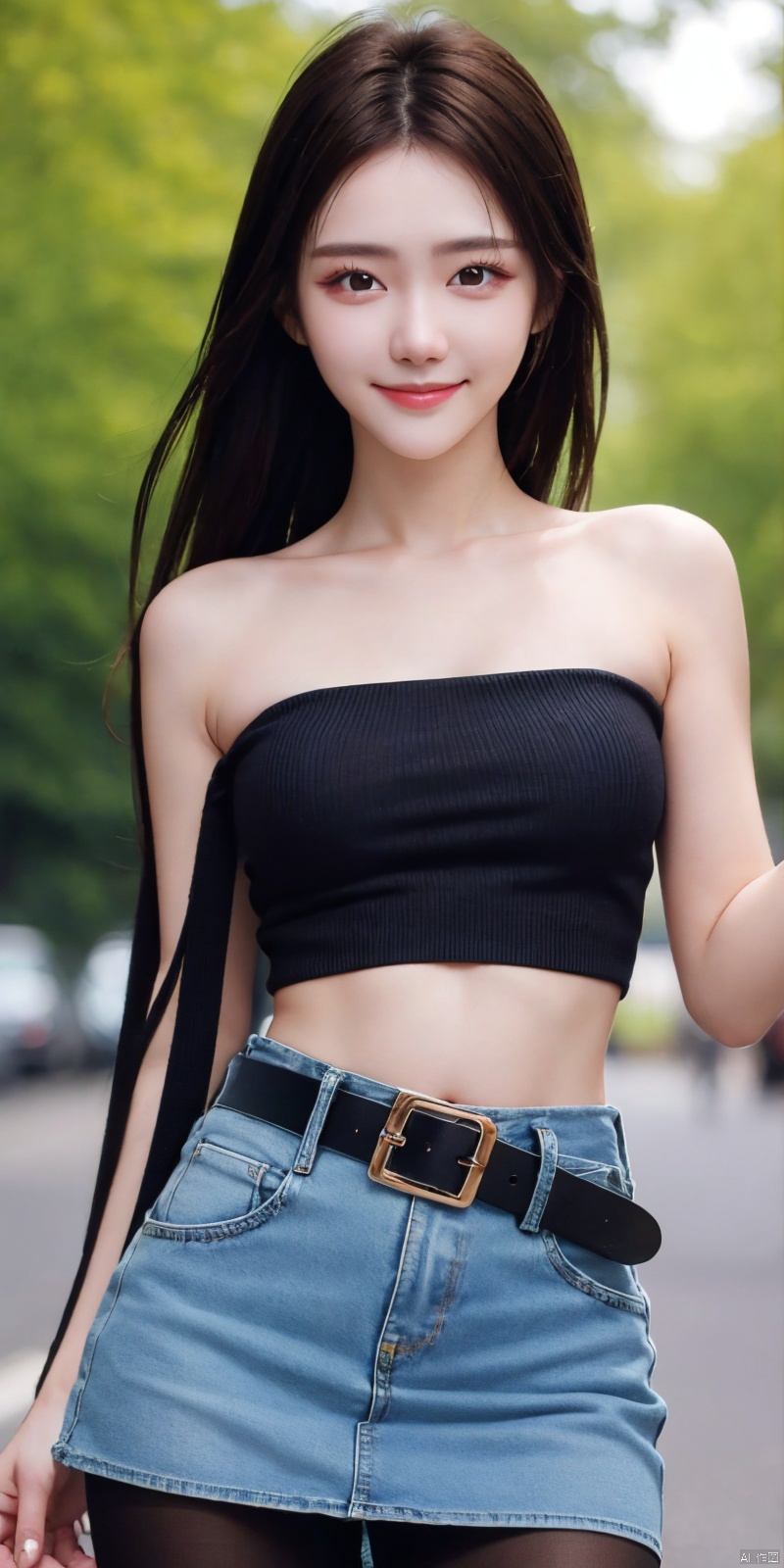  best quality, masterpiece, cowboy_shot,(Good structure), DSLR Quality,Depth of field,kind smile,looking_at_viewer,Dynamic pose,
 1girl, 3d, bare_shoulders, belt, blurry, blurry_background, blurry_foreground, branch, , , , collarbone, *******_photo, denim, denim_skirt, depth_of_field, , lips, long_hair, looking_at_viewer, midriff, miniskirt, motion_blur, navel, outdoors, photo_\(medium\), realistic, skirt, solo, standing, tree, , , , blackpantyhose, , , , , , , , nalanyanran