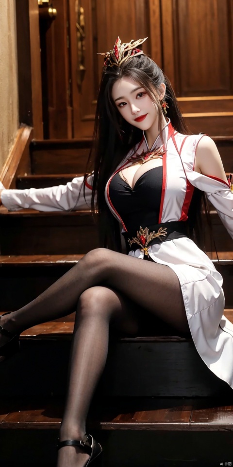  best quality, masterpiece, realistic ,(Good structure), DSLR Quality,Depth of field,kind smile,looking_at_viewer,Dynamic pose, 
1girl, solo, long hair, breasts, black hair, dress, cleavage, medium breasts, sitting, pantyhose, shoes, high heels, see-through, hand on hip, crossed legs, lipstick, stairs, sitting on stairs, jiujiu