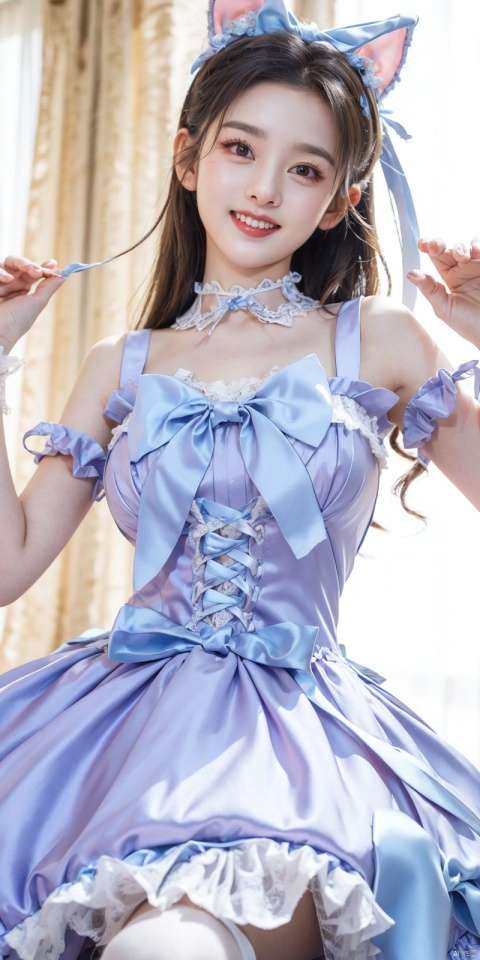  (Good structure), DSLR Quality,Depth of field,kind smile,looking_at_viewer,Dynamic pose, ,(wariza),,Girl, bare shoulders, , boobs, bow tie, ,purple eyes, cat ears, collar, ((Lolita Dress: 1.4)) , blue and white Lolita dress, wrinkled leg outfit, hand-held, lips, nose, shoulders, , alone, long_hair, kind smile, looking at the audience, white leg costume, wrist cuffs, 1girl,,looking_at_viewer, , lolidress ,songzuer