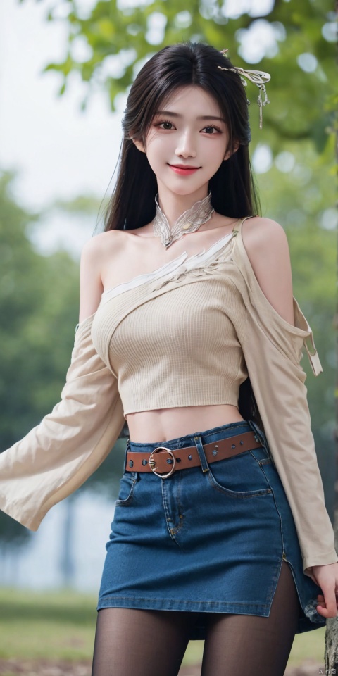 best quality, masterpiece, realistic,cowboy_shot,(Good structure), DSLR Quality,Depth of field,kind smile,looking_at_viewer,Dynamic pose, 
 1girl, 3d, bare_shoulders, belt, blurry, blurry_background, blurry_foreground, branch, , , , collarbone, *******_photo, denim, denim_skirt, depth_of_field, , lips, long_hair, looking_at_viewer, midriff, miniskirt, motion_blur, navel, outdoors, photo_\(medium\), realistic, skirt, solo, standing, tree, , , , blackpantyhose, , , , , , , , ,jinpinger