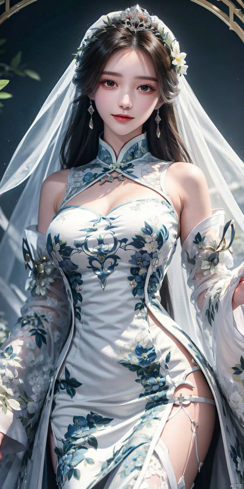  cowboy shot,(Good structure), DSLR Quality,Depth of field,kind smile,looking_at_viewer,Dynamic pose,,masterpiece, The best quality, 1girl, luxurious wedding dress, dreamy scene, white background, front viewer, looking at viewer, Flowers, romantic, Bride, Translucent white turban, UHD, 16k, , sparkling dress, , white stockings, , chinese dress,white dress,long hair,
chinese clothes,dress,white dress,floral print,china dress,blue dress,hanfu,long sleeves,print dress,robe,skirt,sleeveless dress,widesleeves, weddingdress, , ((poakl)),,, liushen