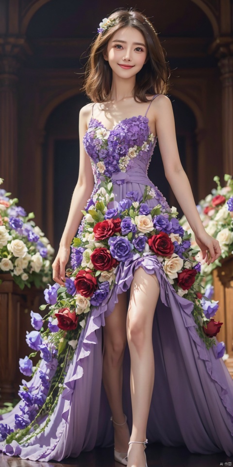  best quality, masterpiece, cowboy_shot,(Good structure), DSLR Quality,Depth of field,kind smile,looking_at_viewer,Dynamic pose, 

flower,purple rose,purple flower,hair flower,hair ornament,
, , weddingdress, , whitedress, ,, dress, yuanyuan,red dress