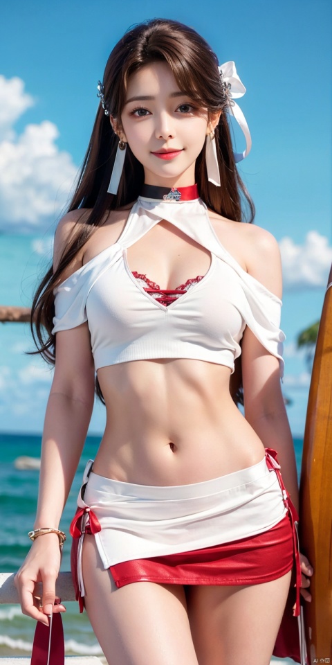 cowboy_shot,(Good structure), DSLR Quality,Short skirt,Blue sky, white clouds, ocean,Surfboard, waves,nai3, 1girl, solo, crop top, , choker, navel, shirt, midriff, crop top overhang, looking at viewer, white shirt, jewelry, breasts, bare shoulders, off-shoulder shirt, off shoulder, black choker, thighs, stomach, long hair, bracelet, short sleeves, ribbon, hand up, collarbone, hair ribbon, medium breasts, , bra strap, , hair ornament, thigh gap, necklace, expressionless, , ,kind smile, ,, huolinger