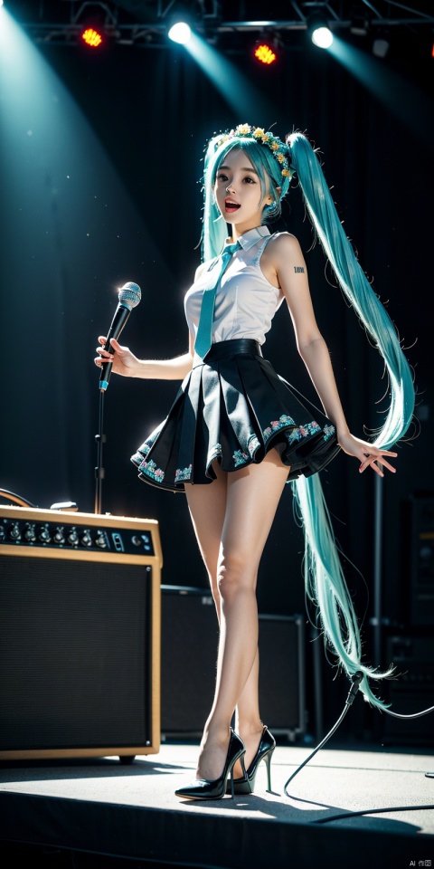 (Good structure),ps \(medium \), 1 girl, high quality, best quality, Hatsune Miku, blue hair, breasts, long hair, , (, flower, gilt decoration, high heels, floral headdress), (Singing, microphone, holding microphone in both hands,), (stage, large outdoor stage, dim, Spotlight, breeze, fluttering hair), night, , , pose, (playing electricity guitar:1.4), 
, Hatsune Miku, long hair, looking at the audience, tie, open mouth, pleated skirt, shirt, skirt, sleeveless, sleeveless shirt, solo, speech bubble, thigh high heels, , very long hair, 
,chuyinweilai,twintails,aqua hair, 1girl, ((poakl))
