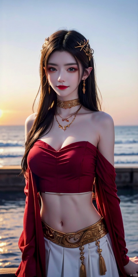  (Good structure),cowboy_shot, DSLR Quality,Depth of field ,looking_at_viewer,Dynamic pose, , kind smile,,
1girl, solo, long hair, , looking at viewer, skirt, hair ornament, bare shoulders, jewelry, , black hair, earrings, outdoors, midriff, water, necklace, lips, crop top, grey eyes, leaning forward, ocean, white skirt, strapless vest, sunset, sun, , , meidusha,  