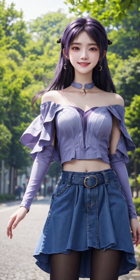  best quality, masterpiece, cowboy_shot,(Good structure), DSLR Quality,Depth of field,kind smile,looking_at_viewer,Dynamic pose,
 1girl, 3d, bare_shoulders, belt, blurry, blurry_background, blurry_foreground, branch, , , , collarbone, cosplay_photo, denim, denim_skirt, depth_of_field, , lips, long_hair, looking_at_viewer, midriff, miniskirt, motion_blur, navel, outdoors, photo_\(medium\), realistic, skirt, solo, standing, tree, , , , blackpantyhose, , , , jiziyue,purple_hair