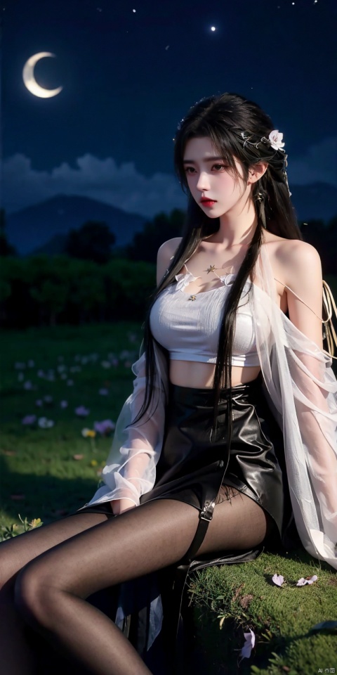   (Good structure),cowboy_shot,Girl in the Flower Field of Lycoris. Sitting in a clearing. 
Long elaborate hairstyle with loose hair and braids, Beautiful hair clips. Burgundy lipstick.
Long fluffy black and burgundy luxury dress,crop top , Elegant clothes. 
 Lycoris petals fly in the wind. 
Esthetics. Good Quality. 
Night., more_details, , starrystarscloudcolorful, moon, night, moonlight, beautiful starry sky,qingyi, blackpantyhose