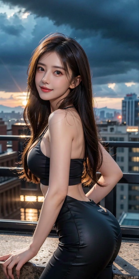 (Good structure),cowboy_shot, DSLR Quality,Depth of field ,looking_at_viewer,Dynamic pose, , kind smile,,Frontal photography,Look front,evening,dark clouds,the setting sun,On the city rooftop,1girl,Black top,Black Leggings,black hair,long hair, dark theme, muted tones, pastel colors, high contrast, (natural skin texture, A dim light, high clarity) ((sky background))((Facial highlights)),cleavage cutout, yuanyuan, 1girl