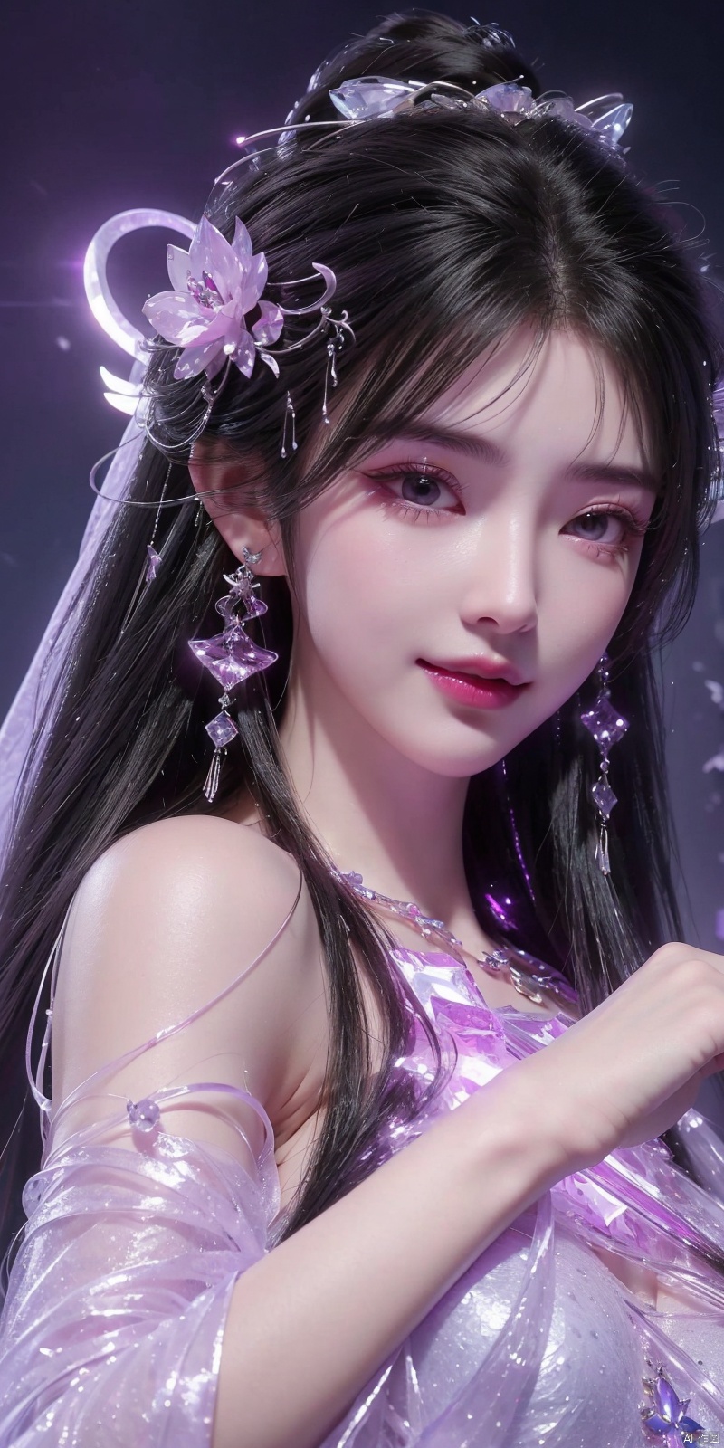  (Good structure),cowboy_shot, DSLR Quality,Depth of field ,looking_at_viewer,Dynamic pose, , kind smile,
1 girl,(Purple light effect),hair ornament,jewelry,looking at viewer, (\meng ze\), wangyushan, dofas,(ultra-detailed crystallization),transparent crystals, qingyi