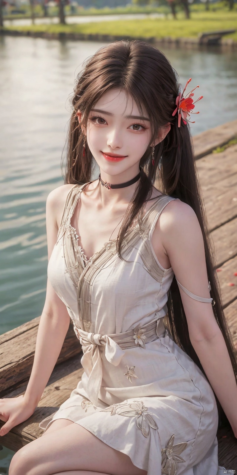 best quality, masterpiece, realistic,cowboy_shot,(Good structure), DSLR Quality,Depth of field,kind smile,looking_at_viewer,Dynamic pose, 
1girl, solo, long hair, breasts, looking at viewer, bangs,   hair ornament, dress, ribbon,  , bare shoulders, twintails, jewelry, medium breasts, sitting, very long hair,  collarbone, hair ribbon, flower, thighs, earrings, outdoors, parted lips, sleeveless, choker, hand up, hair flower, water,  white dress, bare arms, petals,  , sleeveless dress, black choker, short dress, frilled dress, white flower, purple ribbon, spaghetti strap,
 ,huolinger
