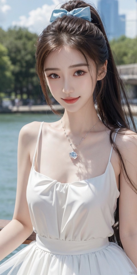  best quality, masterpiece, realistic, ,(Good structure), DSLR Quality,Depth of field,kind smile,looking_at_viewer,Dynamic pose, 
1girl, solo, long hair, , looking at viewer, blush, , bangs, blue eyes,, dress, bow, , bare shoulders, jewelry, very long hair, collarbone, ponytail, white hair, hair bow, thighs, outdoors, sky, sleeveless, day, cloud, water, necklace, white dress, hair over one eye, bracelet, blue sky, blue bow, wading, pendant, doll, skirt hold, rainbow, anastasia \(fate\), ,  , , angel