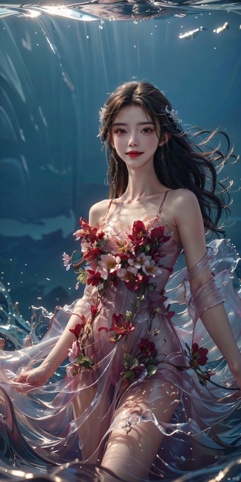  best quality, masterpiece, cowboy_shot,(Good structure), DSLR Quality,Depth of field,kind smile,looking_at_viewer,Dynamic pose, 
(ice art, translucent forms, ephemeral beauty, crystalline textures, delicate craftsmanship, chilling allure),sea,wave,liquid clothes,dress, water dress,,pose for picture,long_hair,kind smile,, liquid clothes, , sd mai, , flower,red flowers, qingyi
