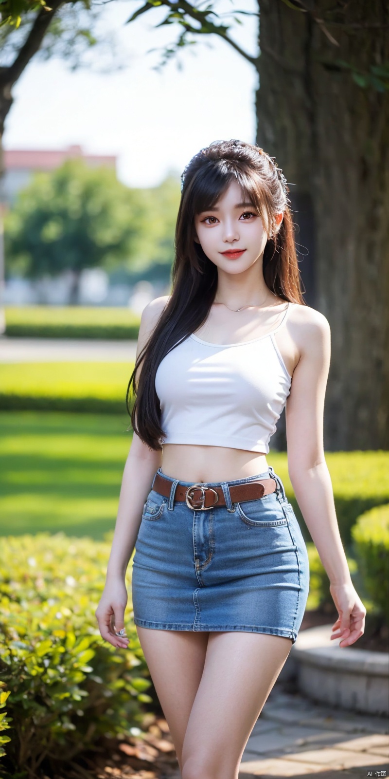  best quality, masterpiece, cowboy_shot,(Good structure), DSLR Quality,Depth of field,kind smile,looking_at_viewer,Dynamic pose,
 1girl, 3d, bare_shoulders, belt, blurry, blurry_background, blurry_foreground, branch, , , , collarbone, cosplay_photo, denim, denim_skirt, depth_of_field, , lips, long_hair, looking_at_viewer, midriff, miniskirt, motion_blur, navel, outdoors, photo_\(medium\), realistic, skirt, solo, standing, tree, , xiaowu