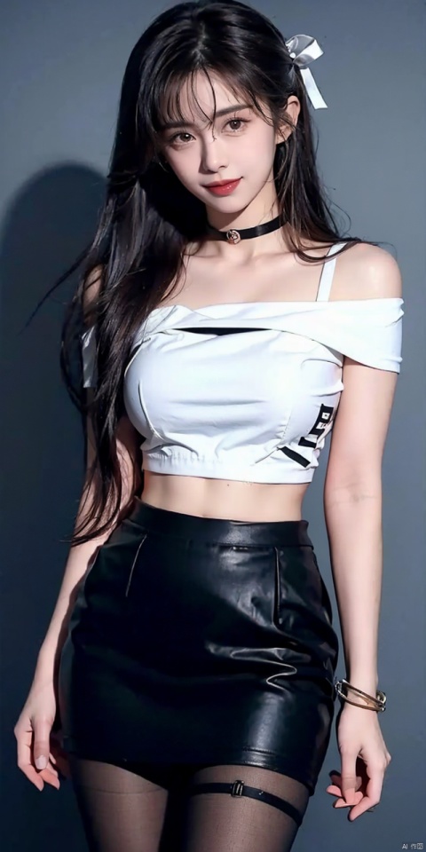 nai3, 1girl, shorts, solo, crop top, choker, pencil skirt, skirt, , navel, shirt, midriff, crop top overhang, looking at viewer, white shirt, jewelry, breasts, cowboy shot, bare shoulders,  off-shoulder shirt, off shoulder, black choker, thighs, stomach, hand on own thigh, long hair, bracelet, short sleeves, ribbon, hand up, collarbone, hair ribbon, medium breasts, standing, , , bra strap, kind smile, hair ornament, thigh gap, bangs, necklace, expressionless,, , , blackpantyhose, wangzuxian