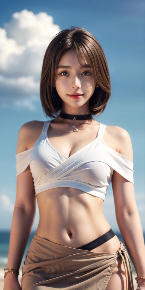  cowboy_shot,(Good structure), DSLR Quality,Short skirt,Blue sky, white clouds, ocean, nai3, 1girl, solo, crop top, , choker, navel, shirt, midriff, crop top overhang, looking at viewer, white shirt, jewelry, breasts, bare shoulders, off-shoulder shirt, off shoulder, black choker, thighs, stomach, long hair, bracelet, short sleeves, ribbon, hand up, collarbone, hair ribbon, medium breasts, , bra strap, , hair ornament, thigh gap, necklace, expressionless, , ,kind smile, , youna,short hair,brown hair, 