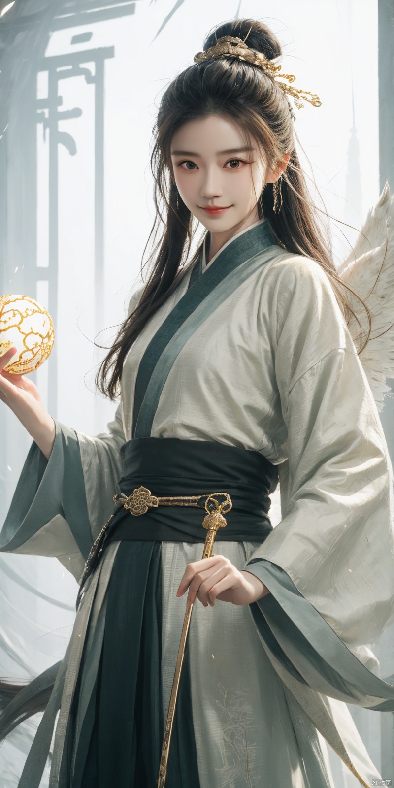  best quality, masterpiece, cowboy_shot,(Good structure), DSLR Quality,Depth of field,kind smile,looking_at_viewer,Dynamic pose, 
 a woman with white hair holding a glowing ball in her hands, white haired deity, by Yang J, heise jinyao, inspired by Zhang Han, xianxia fantasy, flowing gold robes, inspired by Guan Daosheng, human and dragon fusion, cai xukun, inspired by Zhao Yuan, with long white hair, fantasy art style,,Ink scattering_Chinese style, smwuxia Chinese text blood weapon:sw, lotus leaf, (\shen ming shao nv\), gold armor, angel