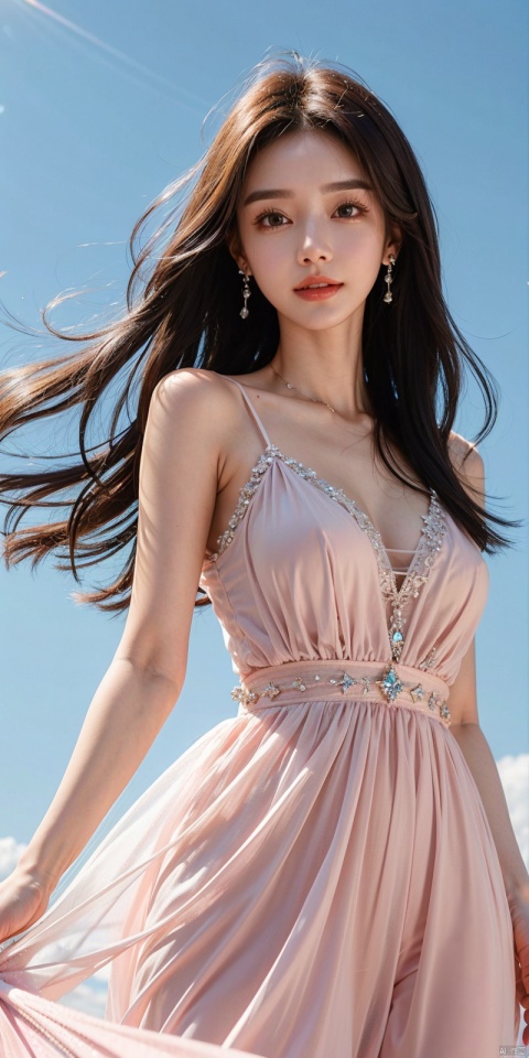  (Good structure),cowboy_shot, DSLR Quality,Depth of field ,looking_at_viewer,Dynamic pose, , kind smile,1girl,solo,beautiful face,brown eyes,brown hair,lips,bare shoulders,collarbone,Milky skin,shiny skin,diamond pendant,diamond earrings,floating long hair,looking back, , dress,see through,blue sky,white clouds,lightyellow and lightpink flowers,light particles,sparkle,realistic,ultra realistic and detailed,high detail texture,Ultra high quality,from_below,fisheye,constellation, ((poakl)), dress, 1girl, sunyunzhu