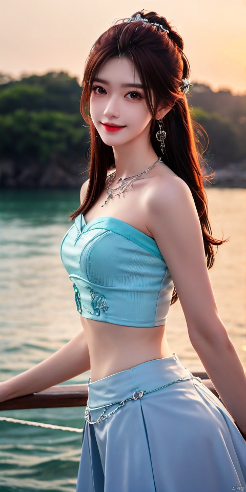  best quality, masterpiece, realistic,cowboy_shot,(Good structure), DSLR Quality,Depth of field,kind smile,looking_at_viewer,Dynamic pose, 
1girl, solo, long hair, , looking at viewer, skirt, hair ornament, bare shoulders, jewelry, , black hair, earrings, outdoors, midriff, water, necklace, lips, crop top, grey eyes, leaning forward, ocean, white skirt, strapless vest, sunset, sun, ,  , yeqinxian,brown_hair