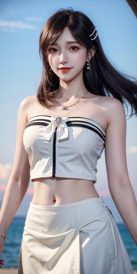  (Good structure),cowboy_shot, DSLR Quality,Depth of field ,looking_at_viewer,Dynamic pose, , kind smile,,
1girl, solo, long hair, , looking at viewer, skirt, hair ornament, bare shoulders, jewelry, , black hair, earrings, outdoors, midriff, water, necklace, lips, crop top, grey eyes, leaning forward, ocean, white skirt, strapless vest, sunset, sun, ,  , xuxin