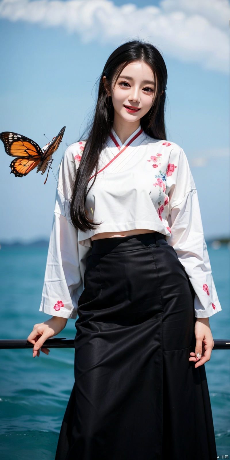 best quality, masterpiece, cowboy_shot,(Good structure), DSLR Quality,Depth of field,kind smile,looking_at_viewer,Dynamic pose,  line art,line style,as style,best quality,masterpiece, The image features a beautiful anime-style illustration of a young woman. She has long black hair and is dressed in a traditional Chinese outfit. The outfit consists of a white top with blue and purple accents, a long skirt, and a butterfly-shaped mirror in her hand. She stands against a backdrop of a clear blue sky and a body of water, with butterflies fluttering around her. AI painting pure tag structure: anime, art, illustration, traditional clothes, blue, white, long hair, black hair, butterfly, mirror, sky, water, dililengba