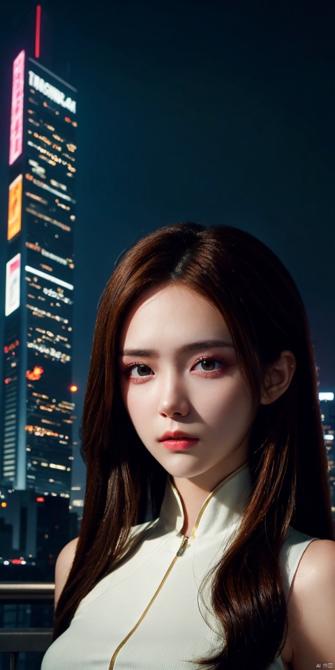  neonpunk style Neon noir leogirl,hANMEIMEI,realistic photography,,On the rooftop of a towering skyscraper,a girl stands,facing the camera directly. Behind her,a multitude of skyscrapers stretches into the distance,creating a breathtaking urban panorama. It's the perfect dusk moment,with the evening sun casting a warm glow on the girl's face,intensifying the scene's impact. The photo captures a sense of awe,with the sharpness and realism making every detail vivid and clear,Hair fluttered in the wind,long hair,halterneck, . cyberpunk, vaporwave, neon, vibes, vibrant, stunningly beautiful, crisp, detailed, sleek, ultramodern, magenta highlights, dark purple shadows, high contrast, cinematic, ultra detailed, intricate, professional, nalanyanran, ((poakl)), Light master