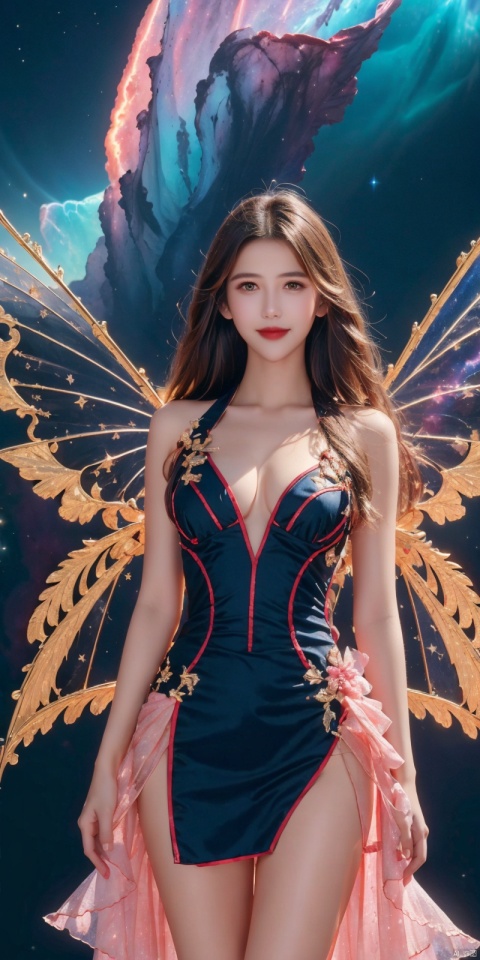 best quality, masterpiece, cowboy_shot,(Good structure), DSLR Quality,Depth of field,kind smile,looking_at_viewer,Dynamic pose, , 1girl, wings, solo, nebula wings, , long hair, navel, dress, pink wings, looking at viewer, star \(sky\), , , bare shoulders, sky, starry sky, collarbone, realistic, nebula,,,,, xuancaiqun, sufei