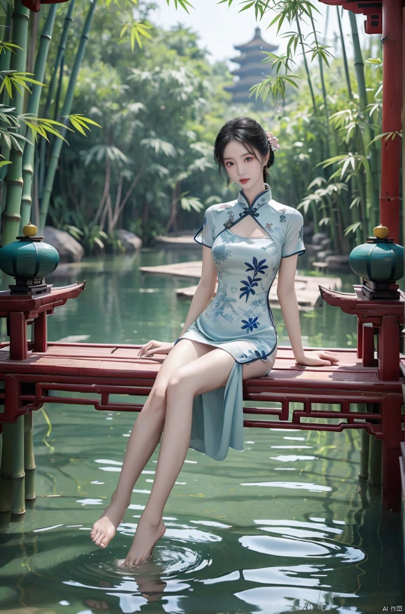  (sunlight, beautiful sky, floating hair, Fisheye lens lens, dynamic angle, distant view, panorama ,overlook,barefoot), ((Ancient_Chinese_architecture)), (short sleeves),with a combination of Morgan colors, Qiu Ying's painting style, And high end color matching, ((A beautiful girl sitting on a bamboo raft in the water, swimming downstream, Huge lotus, rain, (full body), aqua_china_dress)), (bright light,fantasy), ((spotted light)),1 girl, ((black hair, shy, blush)), Detail, , jinchen, chinese dress