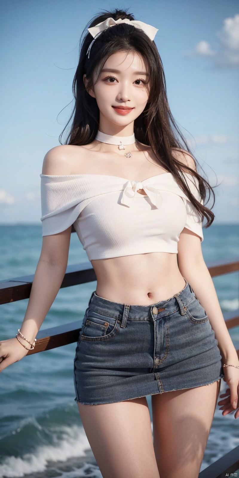  cowboy_shot,(Good structure), DSLR Quality,Short skirt,Blue sky, white clouds, ocean, nai3, 1girl, solo, crop top, , choker, navel, shirt, midriff, crop top overhang, looking at viewer, white shirt, jewelry, breasts, bare shoulders, off-shoulder shirt, off shoulder, black choker, thighs, stomach, long hair, bracelet, short sleeves, ribbon, hand up, collarbone, hair ribbon, medium breasts, , bra strap, , hair ornament, thigh gap, necklace, expressionless, , ,kind smile, , , ,wangchuran