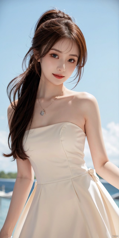  best quality, masterpiece, realistic, ,(Good structure), DSLR Quality,Depth of field,kind smile,looking_at_viewer,Dynamic pose, 
1girl, solo, long hair, breasts, looking at viewer, blush, , bangs, blue eyes,, dress, bow, , bare shoulders, jewelry, very long hair, collarbone, ponytail, white hair, hair bow, thighs, outdoors, sky, sleeveless, day, cloud, water, necklace, white dress, hair over one eye, bracelet, blue sky, blue bow, wading, pendant, doll, skirt hold, rainbow, anastasia \(fate\),
  longni