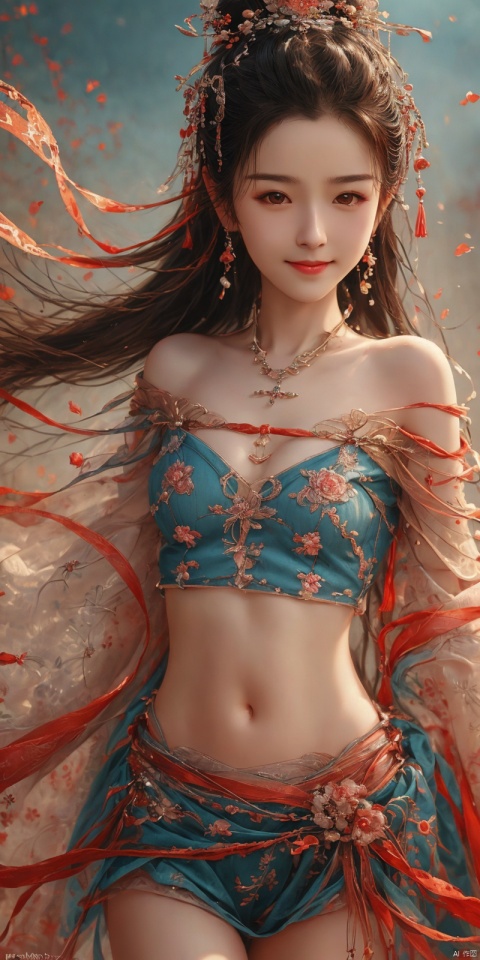  best quality,highly detailed,masterpiece,ultra-detailed,illustration,1girl,solo,extremely detailed,an extremely delicate and beautiful,bare shoulders,8k_wallpaper,best illustration,Bare shoulders,Bare thigh,Bare navel,
, sdmai,chaziyanhong, hanikezi,kind smile