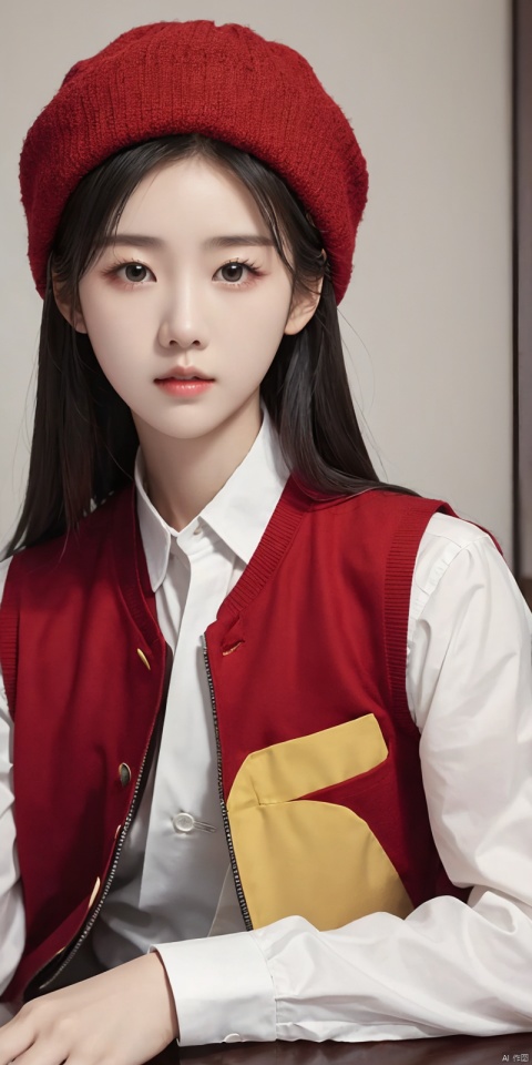 duling, 1girl, hat, solo, vest, red headwear, red vest, black hair, weibo username, realistic, black eyes, shirt, long sleeves, white shirt