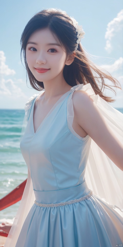 cowboy_shot, (Good structure), DSLR Quality,Depth of field ,looking_at_viewer,Dynamic pose, , kind smile,,
, Blue sky and white clouds on the beach,Masterpiece, (ultra wide angle lens: 1.2), Unity8k wallpaper, best quality, (detail shadow: 1.1), a beautiful girl, on a sea of light blue silk, translucent silk, floating light blue silk, surrealist style, minimalism, highly detailed texture, light blue, white clean background, CG rendering, light passing through clouds, 8k resolution, (motion photo: 1.2), (Fidelity: 1.4), original photos, movie lighting, 1girl,, , ((poakl)),kind smile, , weddingdress, , jiajingwen