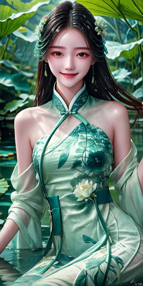  (Good structure), DSLR Quality,Depth of field,kind smile,looking_at_viewer,Dynamic pose,,
A girl, lying in the water, in a green pool, covered with lotus leaves, dressed in gauze-like Hanfu,hedress,Smile, wet clothes,Wet hair, liushen, chinese dress