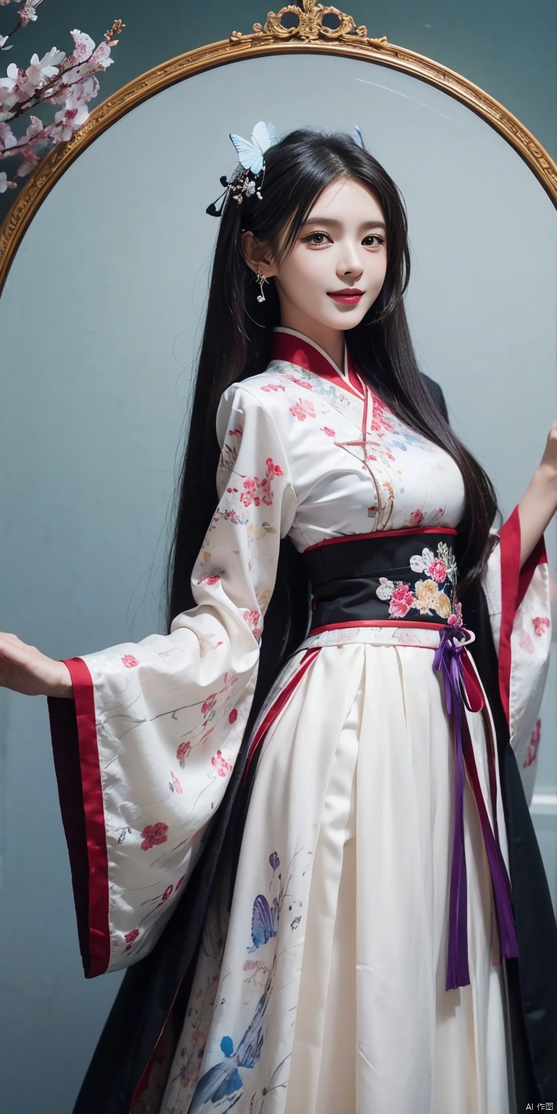  best quality, masterpiece, (cowboy_shot),(Good structure), DSLR Quality,Depth of field,kind smile,looking_at_viewer,Dynamic pose, line art,line style,as style,best quality,masterpiece, The image features a beautiful anime-style illustration of a young woman. She has long black hair and is dressed in a traditional Chinese outfit. The outfit consists of a white top with blue and purple accents, a long skirt, and a butterfly-shaped mirror in her hand. She stands against a backdrop of a clear blue sky and a body of water, with butterflies fluttering around her. AI painting pure tag structure: anime, art, illustration, traditional clothes, blue, white, long hair, black hair, butterfly, mirror, sky, water, , chineseclothes, zhangyuxi