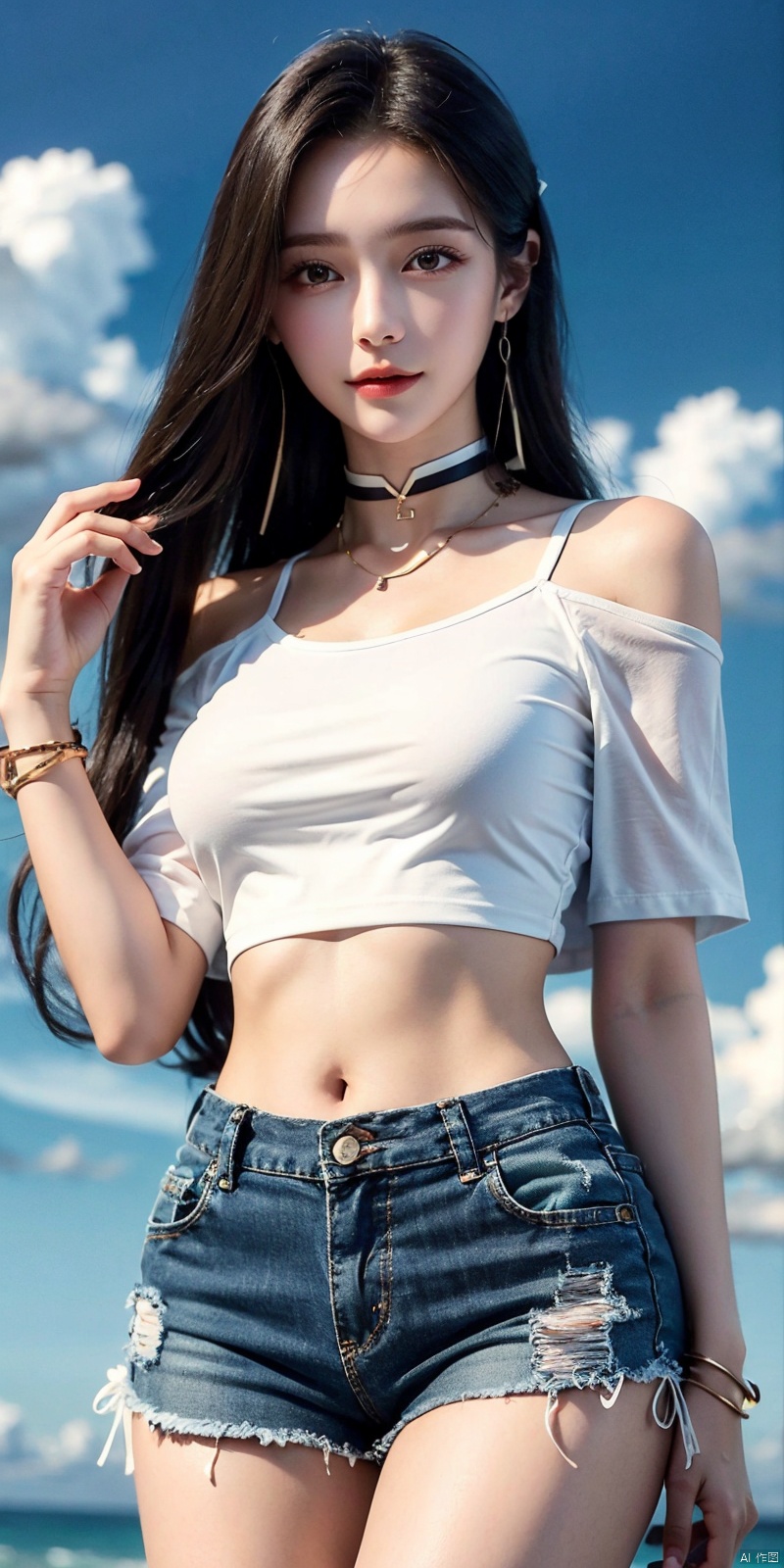  cowboy shot, Blue sky, white clouds, ocean,nai3, 1girl, shorts, solo, crop top, black shorts, choker, navel, shirt, midriff, crop top overhang, looking at viewer, white shirt, jewelry, breasts, bare shoulders, short shorts, off-shoulder shirt, off shoulder, black choker, thighs, stomach, hand on own thigh, long hair, bracelet, short sleeves, ribbon, hand up, collarbone, hair ribbon, medium breasts, standing, high-waist shorts, dolphin shorts, bra strap, , hair ornament, thigh gap, necklace, expressionless, , ,kind smile, , liushen
