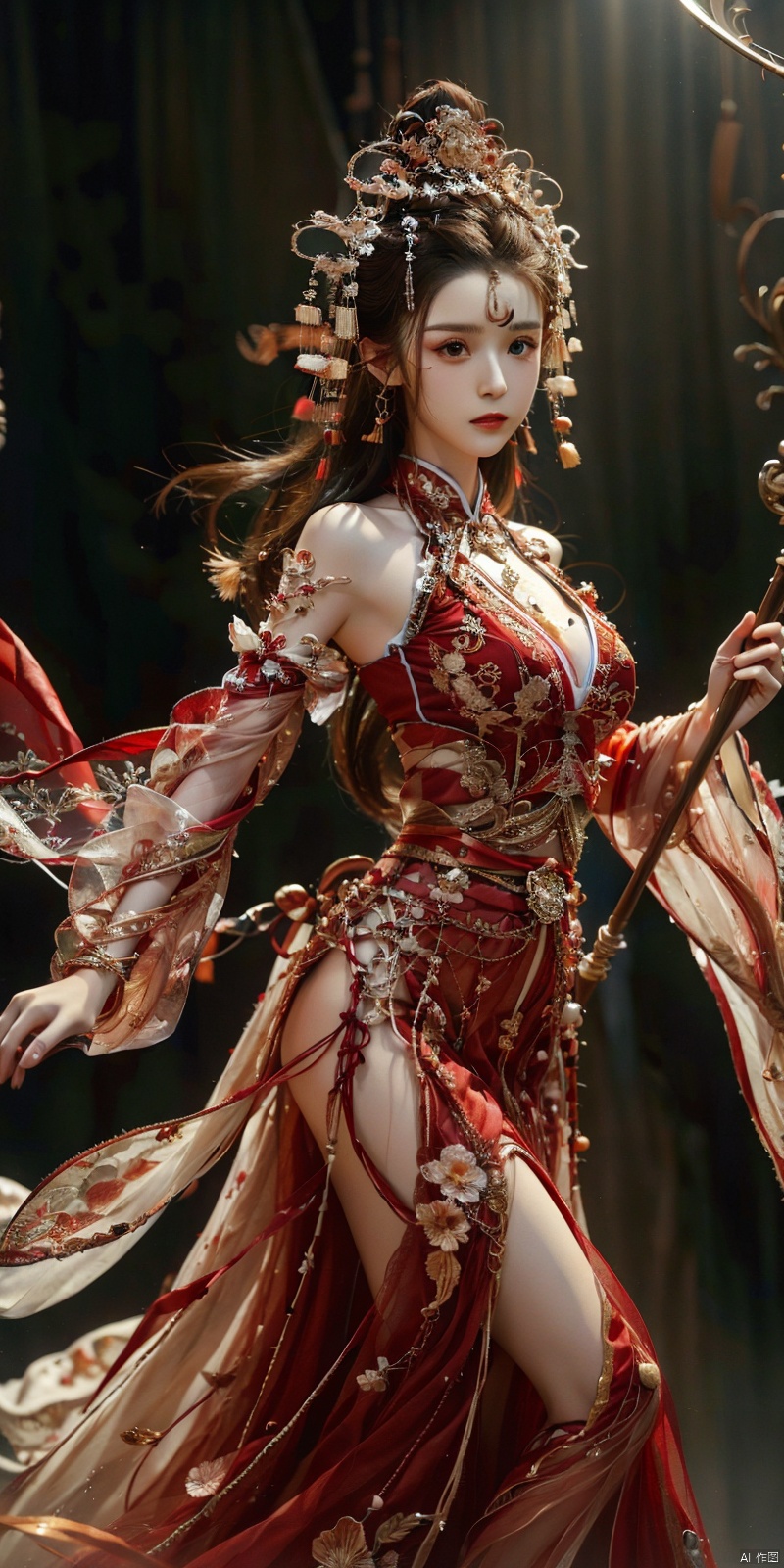  cowboy shot,(Good structure), DSLR Quality,Depth of field,kind smile,looking_at_viewer,Dynamic po,masterpiece, official art, extremely detailed cg unity 8k wallpaper, highly detailed, absurdres, 8k resolution, 1girl, long hair, solo, black hair, dress, holding, fire, white dress, staff, jewelry, dark skin, long dress, breasts, weapon, polearm, holding staff, bracelet, looking at viewer, dark-skinned female, , torn clothes, blood, spear, holding weapon, medium breasts, floating hair, closed mouth, embers, holding polearm , depth of field, panorama, cinematic lighting, ray tracing, ((poakl)), chineseclothes, hanikezi