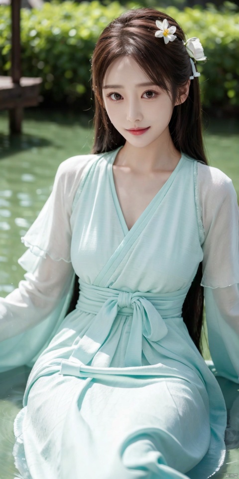  best quality, masterpiece, realistic,,(Good structure), DSLR Quality,Depth of field,kind smile,looking_at_viewer,Dynamic pose, 
1girl, solo, long hair, looking at viewer, bangs, brown hair, long sleeves, dress, ribbon, green eyes, collarbone, hair ribbon, flower, outdoors, lying, parted lips, puffy sleeves, on back, water, white dress, red ribbon, parted bangs, petals, white flower, partially submerged, layered sleeves, short over long sleeves, liuyifei,lichun