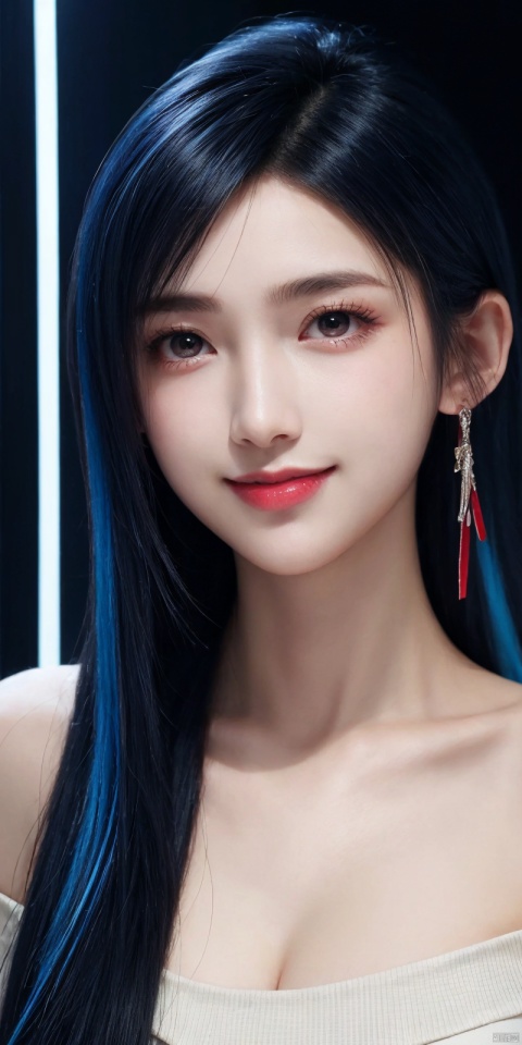  best quality, masterpiece, cowboy_shot,(Good structure), DSLR Quality,Depth of field,kind smile,looking_at_viewer,Dynamic pose, 
1girl, solo, long hair, breasts, blue eyes, (Cyber) , bare shoulders, blue hair, collarbone,, , ponytail, multicolored hair, off shoulder, , lips, , headgear, red lips,tifa