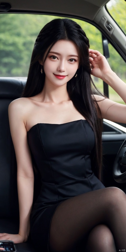  best quality, masterpiece, realistic,cowboy_shot,(Good structure), DSLR Quality,Depth of field,kind smile,looking_at_viewer,Dynamic pose, 
1girl, long hair, , looking at viewer, ,, black hair, dress, , bare shoulders,, sitting, very long hair, collarbone, pantyhose, parted lips, sleeveless, solo focus, black dress, lips, sleeveless dress, crossed legs, ground vehicle , , , , jiangli