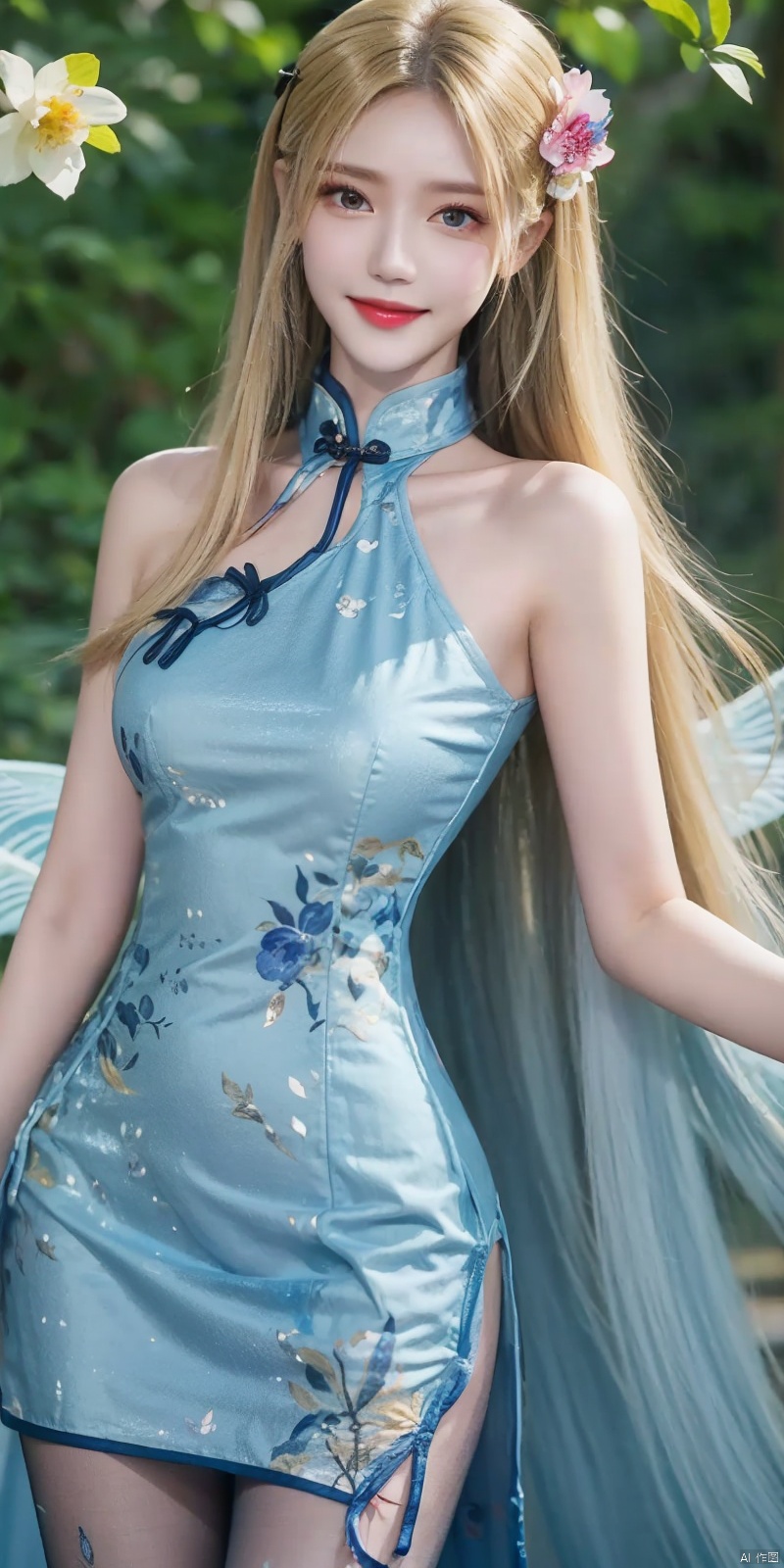 best quality, masterpiece, realistic,cowboy_shot,(Good structure), DSLR Quality,Depth of field,kind smile,looking_at_viewer,Dynamic pose, 
(solo), 1girl, , long hair, Wind, flowing hair,  ,kind smile,
,((A colorful garden background with fluttering petals)) , (blue color dress), (blue color of china dress),female_solo,dress, qipao,( black pantyhose),print legwear, ,, qianrenxue,Yellow hair,red dress