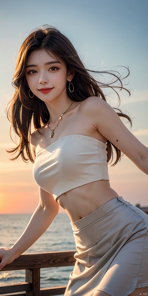  (Good structure),cowboy_shot, DSLR Quality,Depth of field ,looking_at_viewer,Dynamic pose, , kind smile,,
1girl, solo, long hair, , looking at viewer, skirt, hair ornament, bare shoulders, jewelry, , black hair, earrings, outdoors, midriff, water, necklace, lips, crop top, grey eyes, leaning forward, ocean, white skirt, strapless vest, sunset, sun, yuechan