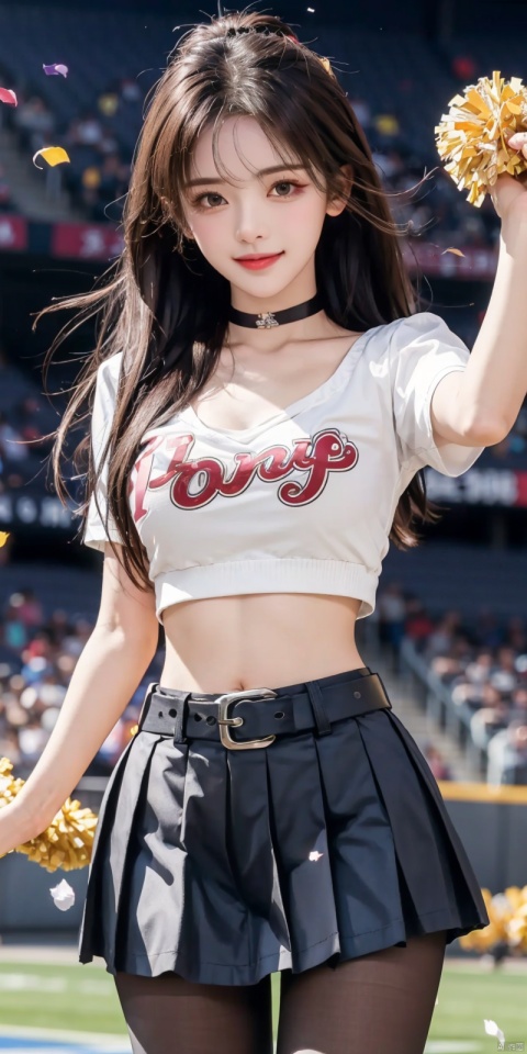  (Good structure), DSLR Quality,Depth of field,kind smile,looking_at_viewer,Dynamic pose, 
1girl, pom pom (cheerleading), stadium, breasts, cheerleader, holding pom poms, navel, skirt, brown hair, crop top, ahoge, confetti, cleavage, solo, , smile, looking at viewer, large breasts, DSLR, (Good structure), HDR, UHD, 8K, A real person,midriff, blurry, blurry background, choker, blush, brown eyes, open mouth, collarbone, outdoors, holding, pleated skirt, belt, short sleeves, shirt, bangs, shorts, miniskirt, shorts under skirt, blue shirt, long hair, white skirt, yellow belt, bike shorts under skirt, yangchaoyue, blackpantyhose