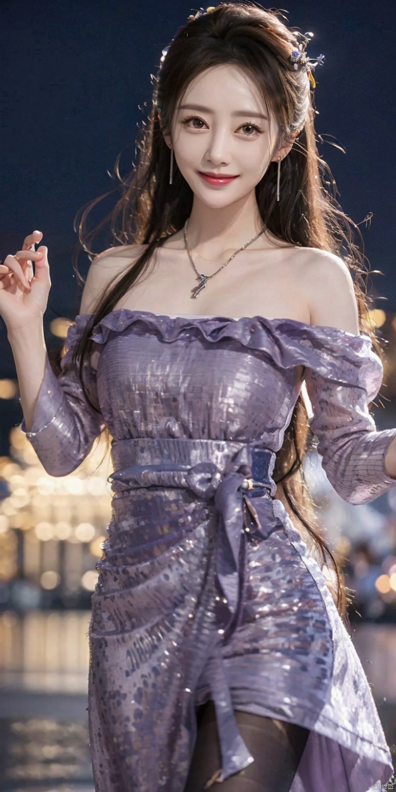  cowboy_shot, masterpiece, realistic,(Good structure), DSLR Quality,Depth of field,kind smile,looking_at_viewer,Dynamic pose, 
, 1girl, , Wind, flowing hair, kind smile, , pose for picture, Dynamic pose, looking_at_viewer, ,bare shoulders,purple dress,lianpianqun,dress,
choker,earrings,jewelry,necklace,ring, Detail, blackpantyhose,print legwear, , , ,lichun