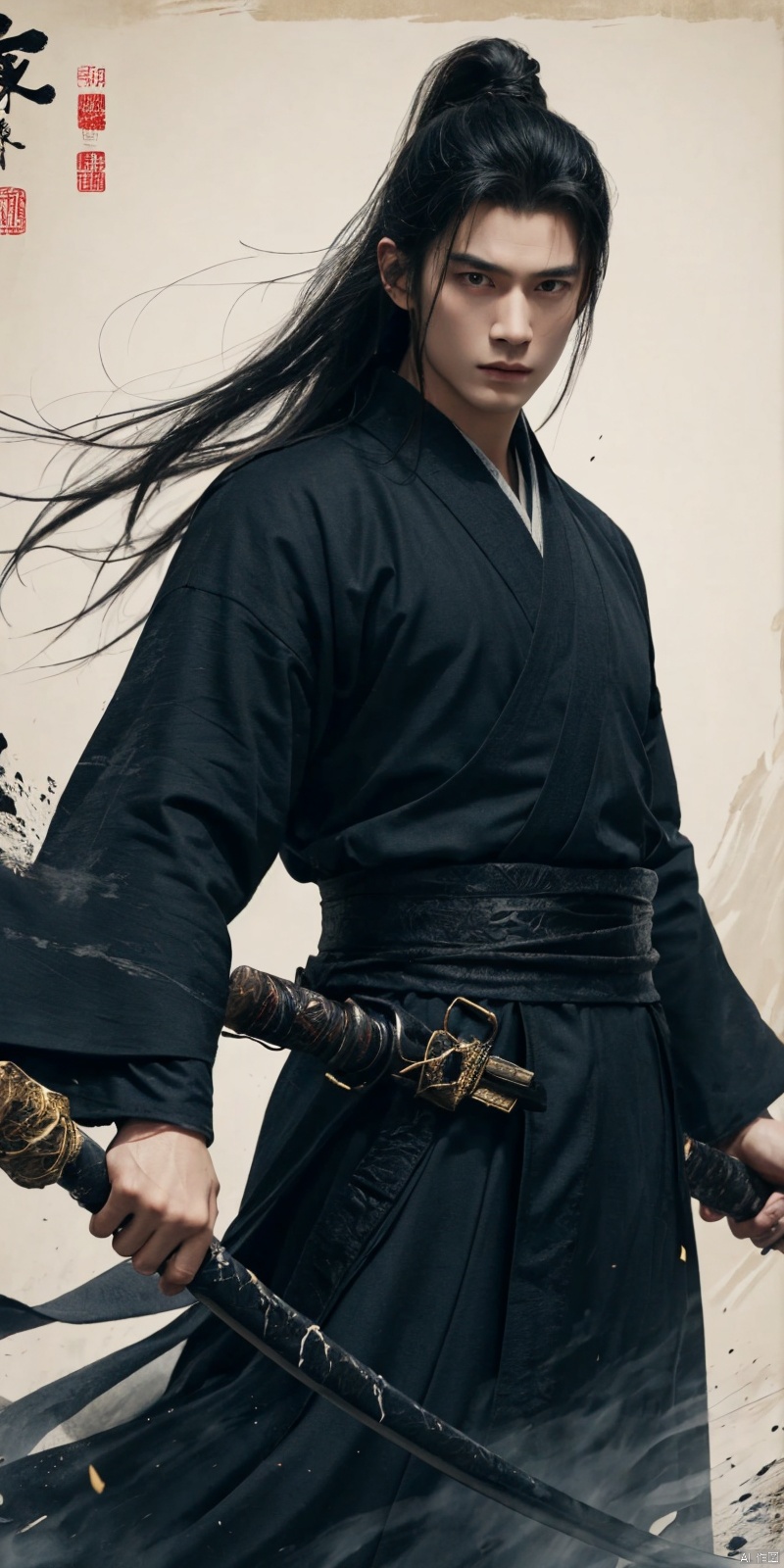  sdmai, wuxia, Chinese ink painting, artistic ink painting, Chinese martial arts films, wearing black robes, fighting posture, cinematic grandeur, splashing details, wild and powerful, solo, weapon, black hair, sword, long hair, male focus, looking at viewer, 1boy, scar, asuo, ((poakl))