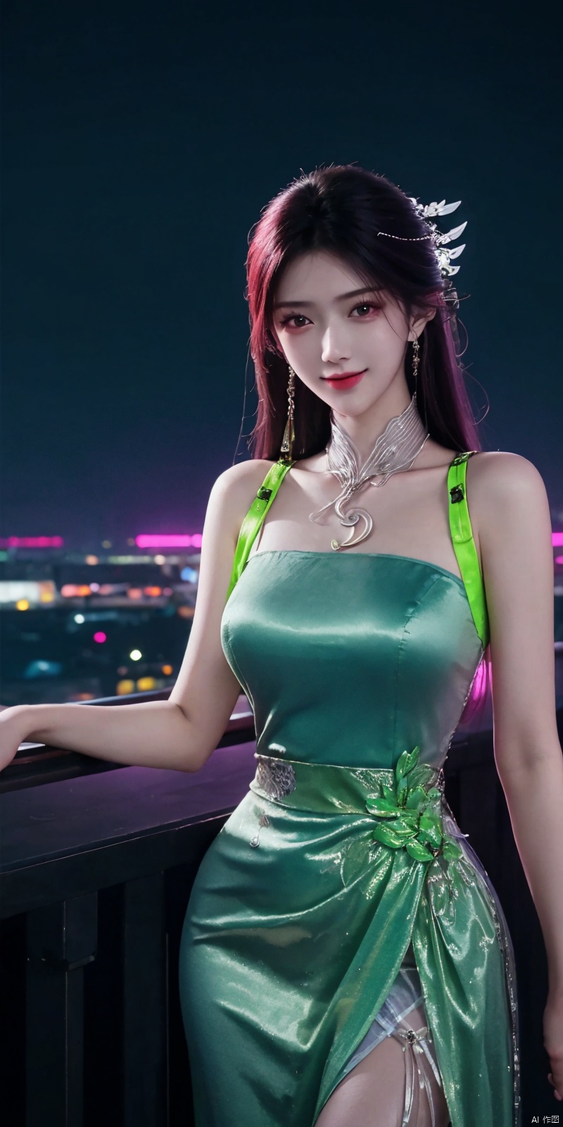  best quality, masterpiece, realistic,cowboy_shot,(Good structure), DSLR Quality,Depth of field,kind smile,looking_at_viewer,Dynamic pose, 
neonpunk style Neon noir leogirl,hANMEIMEI,realistic photography,,On the rooftop of a towering skyscraper,a girl stands,facing the camera directly. Behind her,a multitude of skyscrapers stretches into the distance,creating a breathtaking urban panorama. It's the perfect dusk moment,with the evening sun casting a warm glow on the girl's face,intensifying the scene's impact. The photo captures a sense of awe,with the sharpness and realism making every detail vivid and clear,Hair fluttered in the wind,long hair,halterneck, . cyberpunk, vaporwave, neon, vibes, vibrant, stunningly beautiful, crisp, detailed, sleek, ultramodern, magenta highlights, dark purple shadows, high contrast, cinematic, ultra detailed, intricate, professional, , , , , , dress, blue dress, ,  ,jinpinger