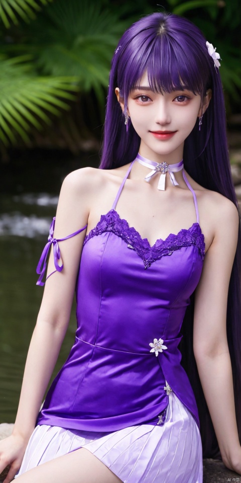best quality, masterpiece, realistic,cowboy_shot,(Good structure), DSLR Quality,Depth of field,kind smile,looking_at_viewer,Dynamic pose, 
1girl, solo, long hair, breasts, looking at viewer, bangs,   hair ornament, dress, ribbon,  , bare shoulders, twintails, jewelry, medium breasts, sitting, very long hair, purple eyes, collarbone, hair ribbon, purple hair, flower, thighs, earrings, outdoors, parted lips, sleeveless, choker, hand up, hair flower, water,  white dress, bare arms, petals,  , sleeveless dress, black choker, short dress, frilled dress, white flower, purple ribbon, spaghetti strap,
 ,purple_hair,  ,shengcaier