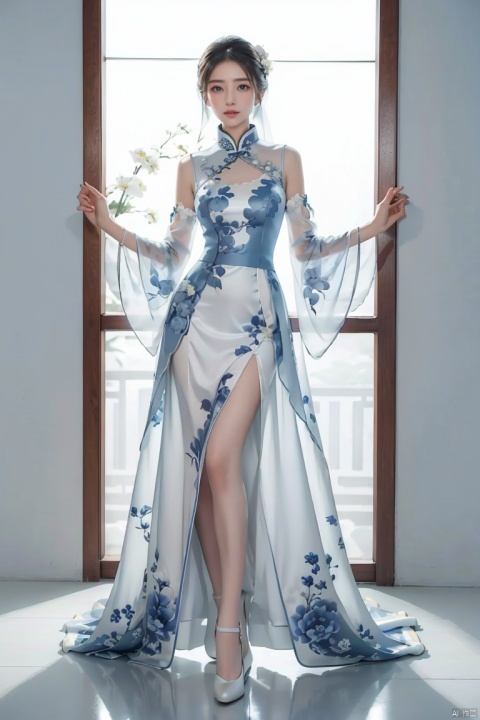  masterpiece, The best quality, 1girl, luxurious wedding dress, dreamy scene, white background, front viewer, looking at viewer, Flowers, romantic, Bride, Translucent white turban, UHD, 16k, , sparkling dress, yunbin, full_body, white stockings, , chinese dress,white dress,
chinese clothes,dress,white dress,floral print,china dress,blue dress,hanfu,long sleeves,print dress,robe,skirt,sleeveless dress,widesleeves, weddingdress, ,, BY MOONCRYPTOWOW, Detail, powerarmor, yuanyuan