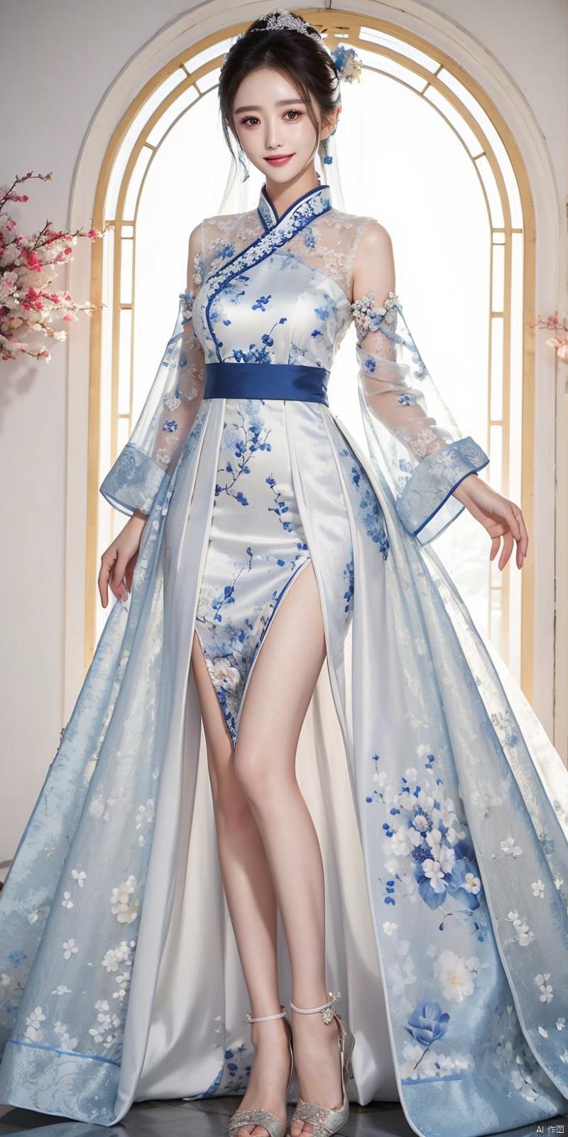  masterpiece, The best quality, 1girl, luxurious wedding dress, dreamy scene, white background, front viewer, looking at viewer, Flowers, romantic, Bride, Translucent white turban, UHD, 16k, , sparkling dress,  , white stockings, , chinese dress,white dress,long hair,
chinese clothes,dress,white dress,floral print,china dress,blue dress,hanfu,long sleeves,print dress,robe,skirt,sleeveless dress,widesleeves, weddingdress, , ((poakl)), yaya,kind smile