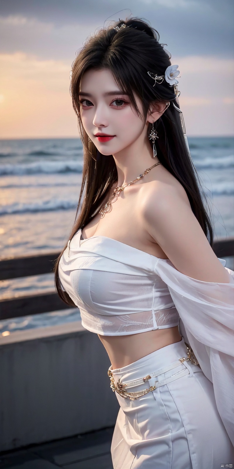  (Good structure),cowboy_shot, DSLR Quality,Depth of field ,looking_at_viewer,Dynamic pose, , kind smile,,
1girl, solo, long hair, , looking at viewer, skirt, hair ornament, bare shoulders, jewelry, , black hair, earrings, outdoors, midriff, water, necklace, lips, crop top, grey eyes, leaning forward, ocean, white skirt, strapless vest, sunset, sun, qingyi, wanglin, yeqinxian, babata