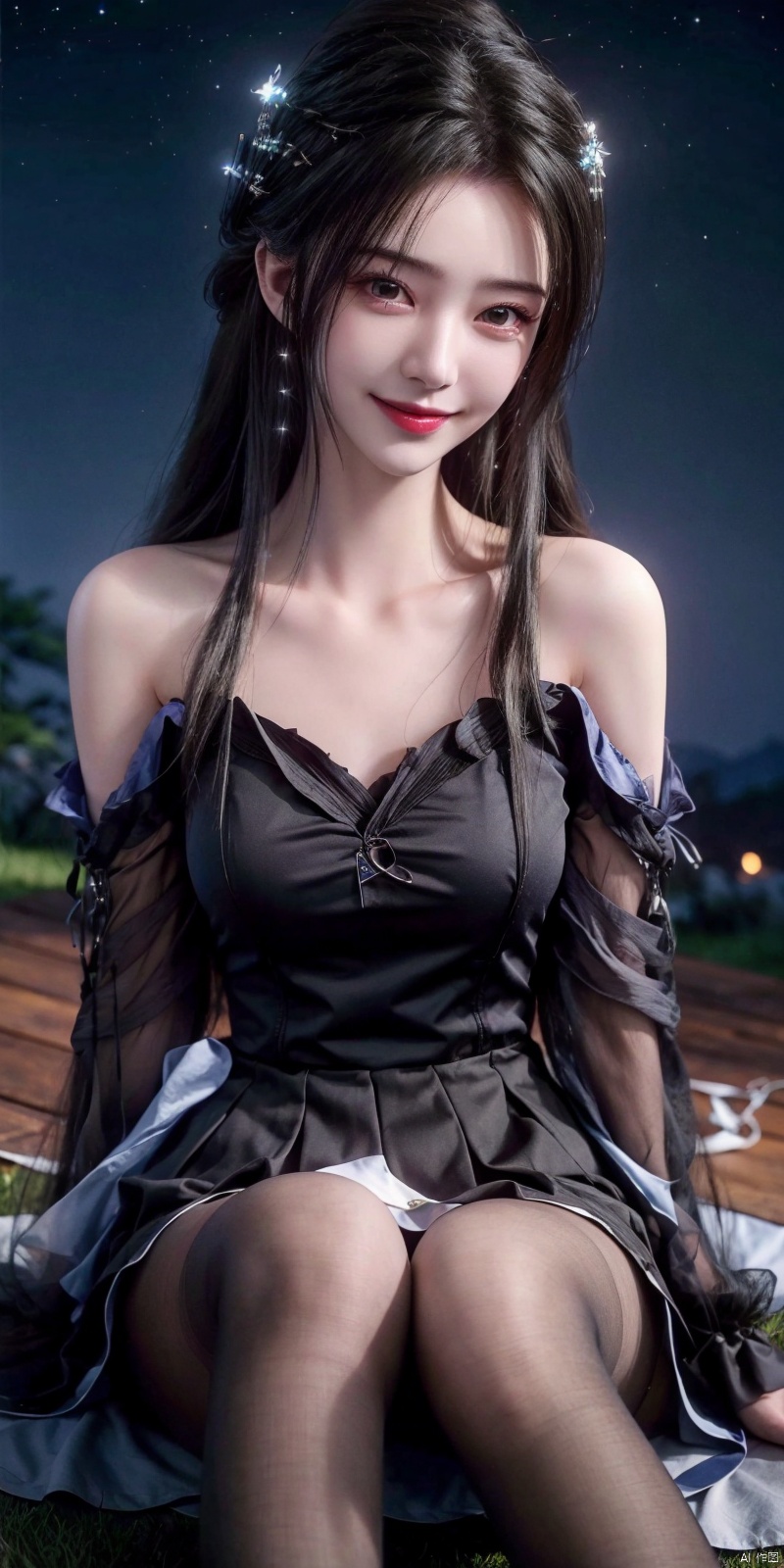 best quality, masterpiece, ,(Good structure), DSLR Quality,Depth of field,kind smile,looking_at_viewer,Dynamic pose, realistic ,
On the mountaintop, you can see the starry sky, and a beautiful girl is sitting on the grass. It is a masterpiece of a master, with stunning beauty, eye close-up, natural beauty, long legs, and short skirt, ,blackpantyhose,  , limuwan